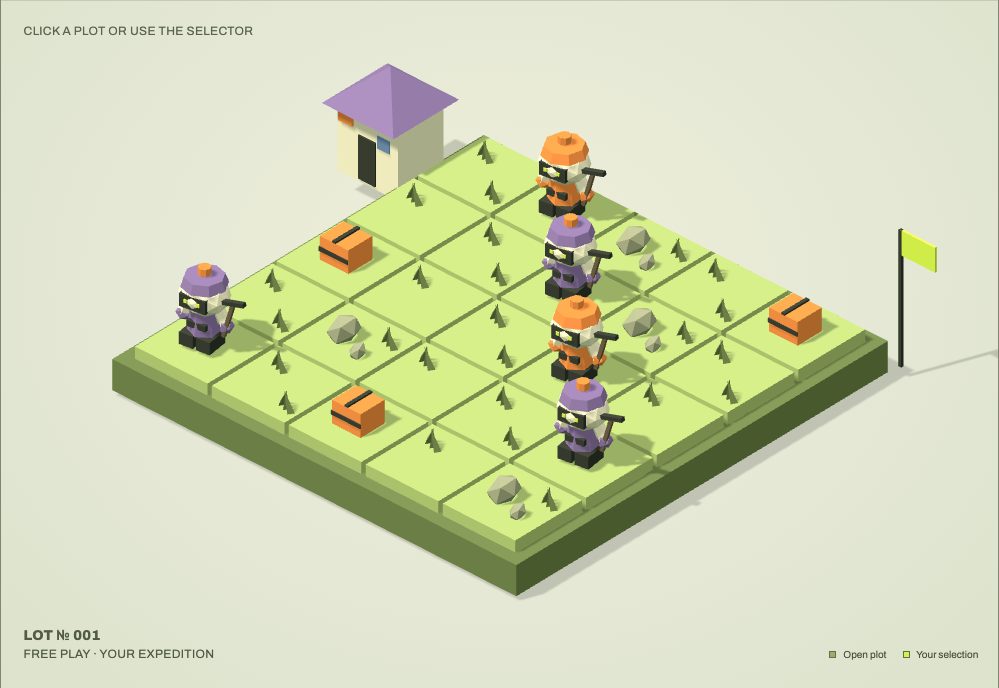 Low-poly prospectors exploring a twenty-five-plot toy world